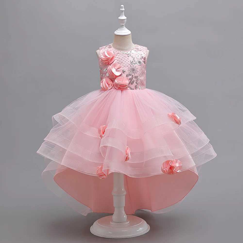 Girl's Dresses Pink Flower Girl Princess Tail Dress for 3 to 12 Year KID Birthday Party Dresses Y250227TPLH