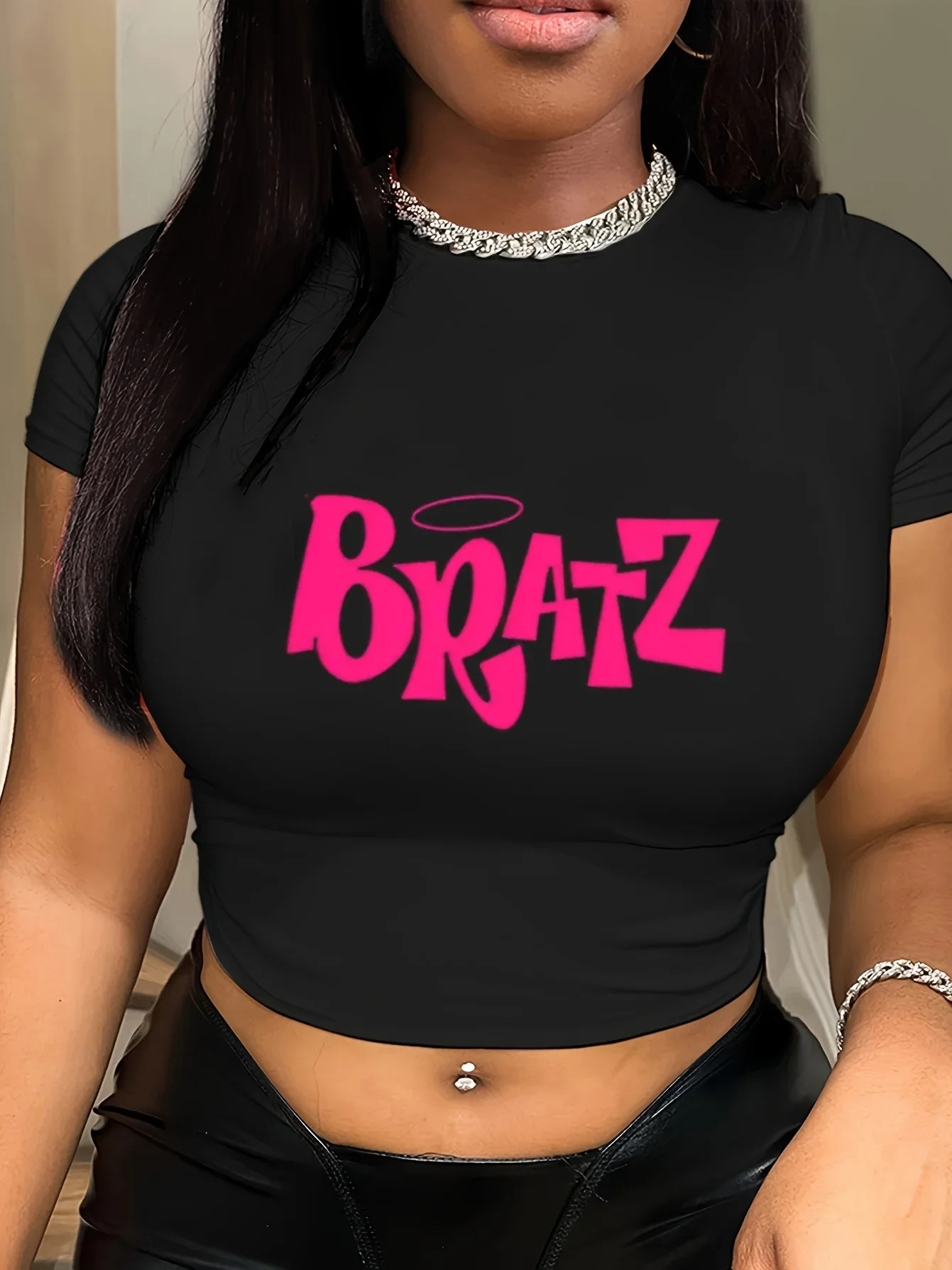Womens cut Tshirt Y2k pink Bratz letter printed Oneck tight short sleeved clothing fashionable womens top 250226
