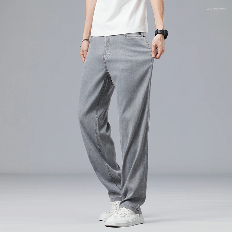 Men's Jeans Summer Lyocell Lightweight Denim Pants Men Super-soft Stretch Loose Straight Jean Mens Classic Fit Gray Trousers Male