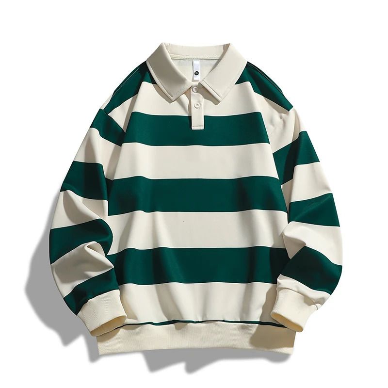 Spring and autumn striped long-sleeved POLO shirt mens trend all loose T-shirt hoodie men 250225