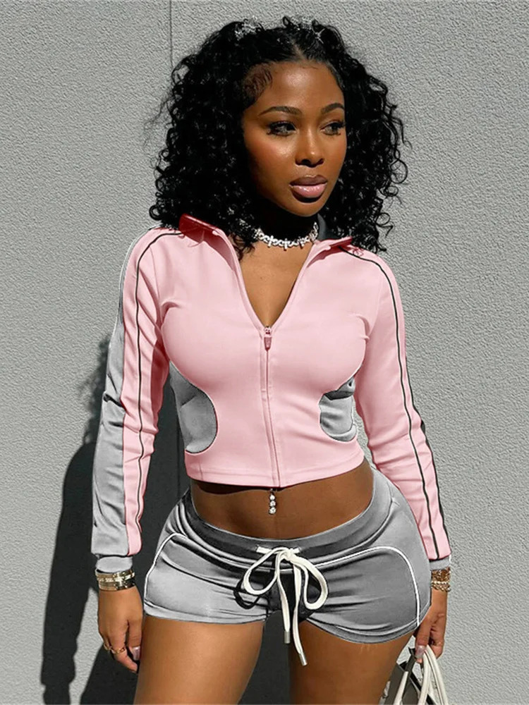 Weird Puss Tracksuit Women Patchwork 2 Piece Set Fall Trend Sporty Zipper Crop JacketShorts Casual Hipster Matching Skinny Suit 250226