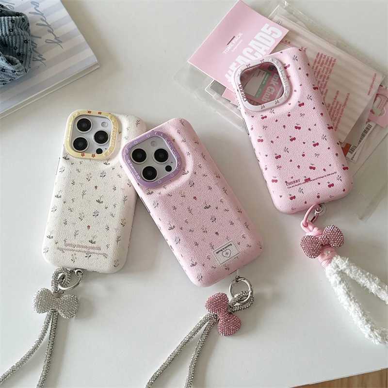 Korean Cute Flower Cherry Case for iPhone 16 Pro 13 14 15 Pro Max Phone Cover with Bow Hand Strap Protective Case for Girls Z250227