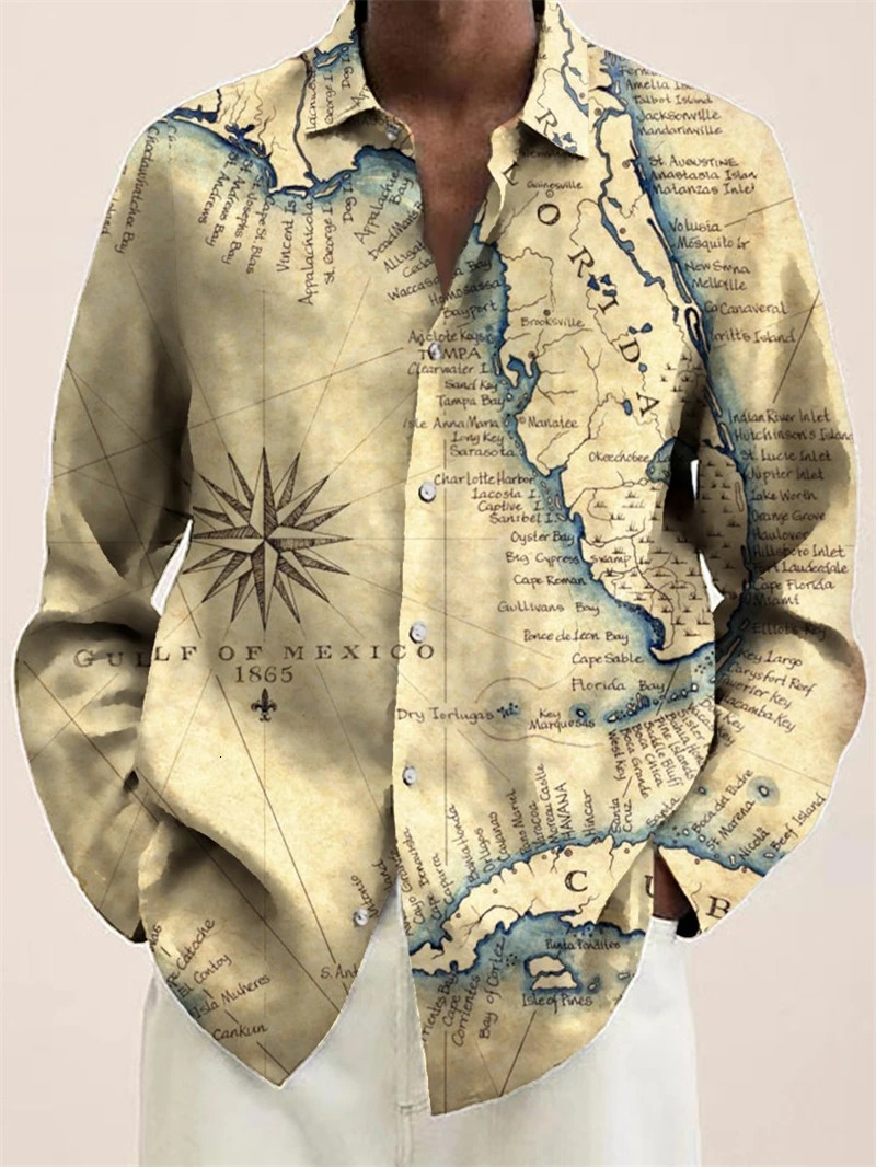 Fashion Earth Map Graphic Shirt Mens Street Style Casual Neutral Retro 3D World Printed Long Sleeve ner Clothing 250226