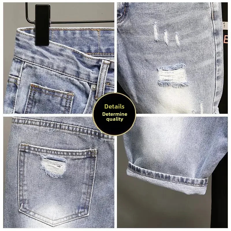 Mens fashion denim shorts summer Korean slim fit hiphop Ins small group medium length Trouser 250226