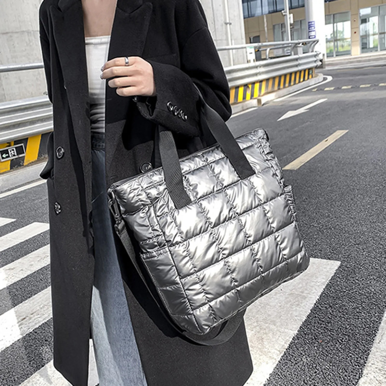 Ship from US Canvas Shoulder Bag Womens Bags Solid Color Plaid Quilted Large Capacity Zipper 250227FBB
