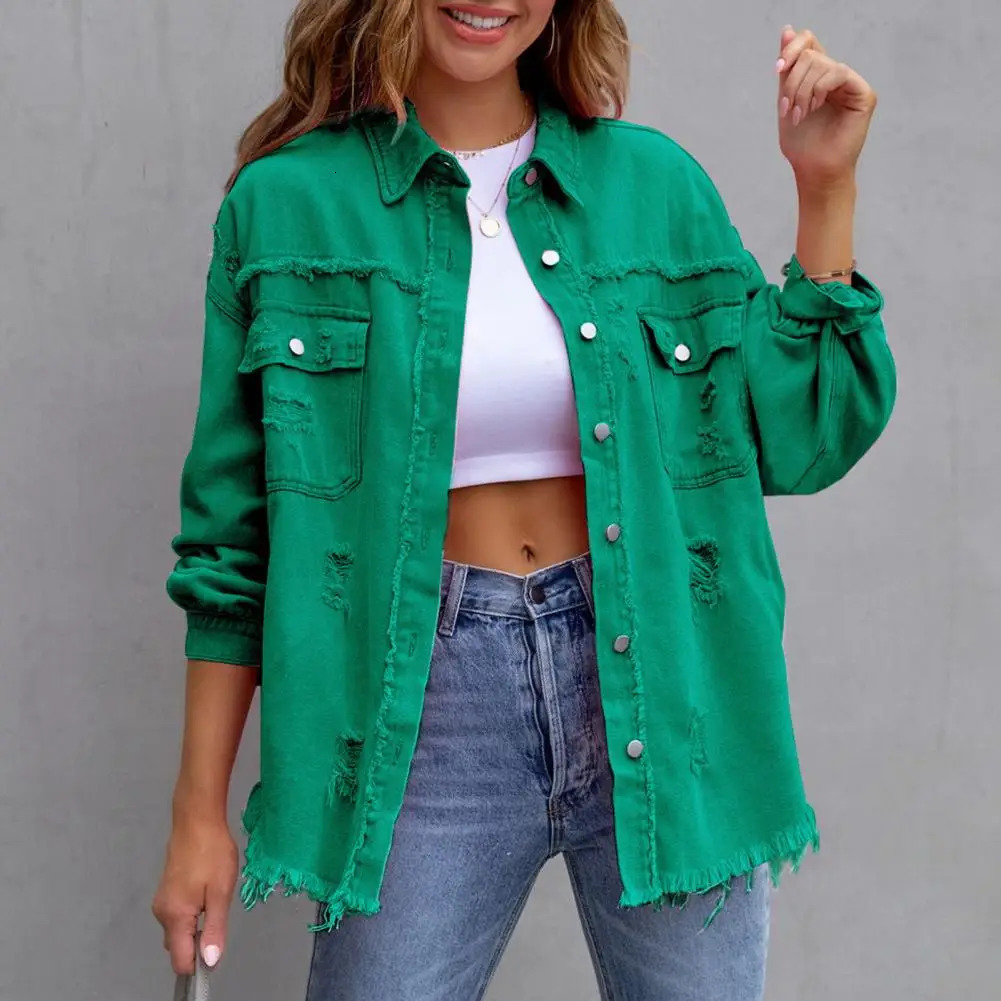 Womens Jacket Ripped Pocket Decor Solid Color Outerwear Singlebreasted Long Sleeve Hip Hop Coat Streetwear Female Clothing 250227
