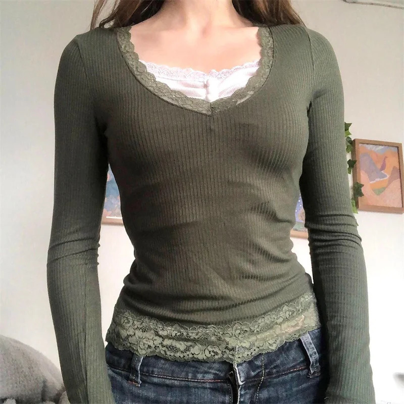 2000s y2k Long sleeve Lace Patchwork Crop Tops Fairy Vintage Solid Slim Fit T Shirts Womens Outfits Aesthetic Streetwear Autumn 250226