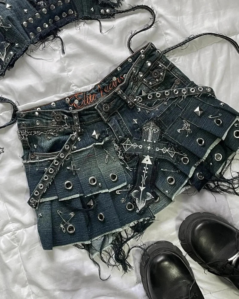 American Fashion Cross Embroidery Patch Short Suit Female Y2K Harajuku Style Sexy Spice Slim Denim Skirt Streetwear 250226