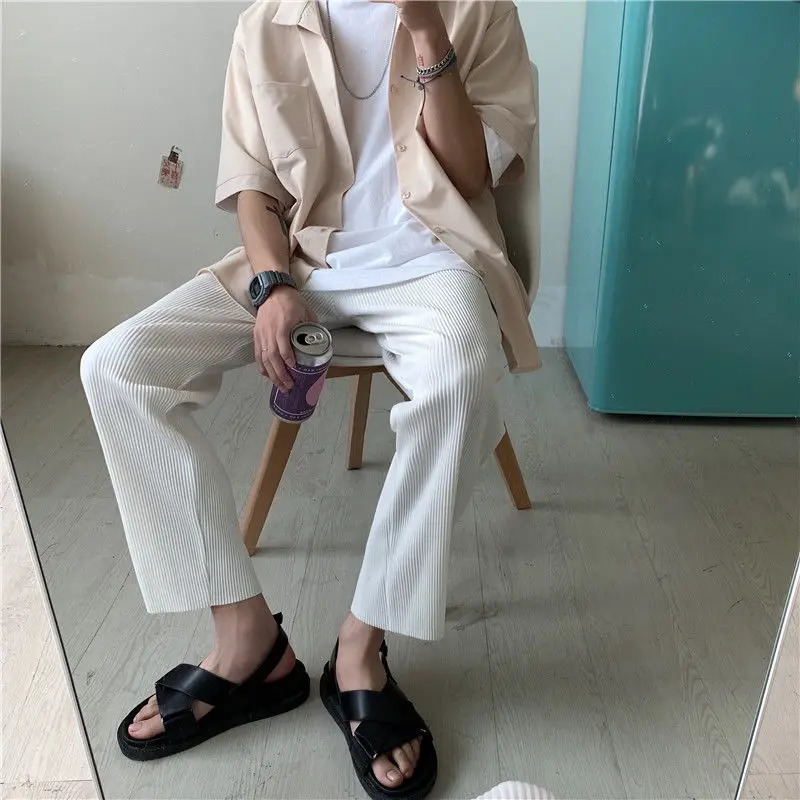 Wrinkled straight pants mens oversized casual pants mens Japanese streetwear loose ice silk pants mens wide leg Trousers S-2XL 250225