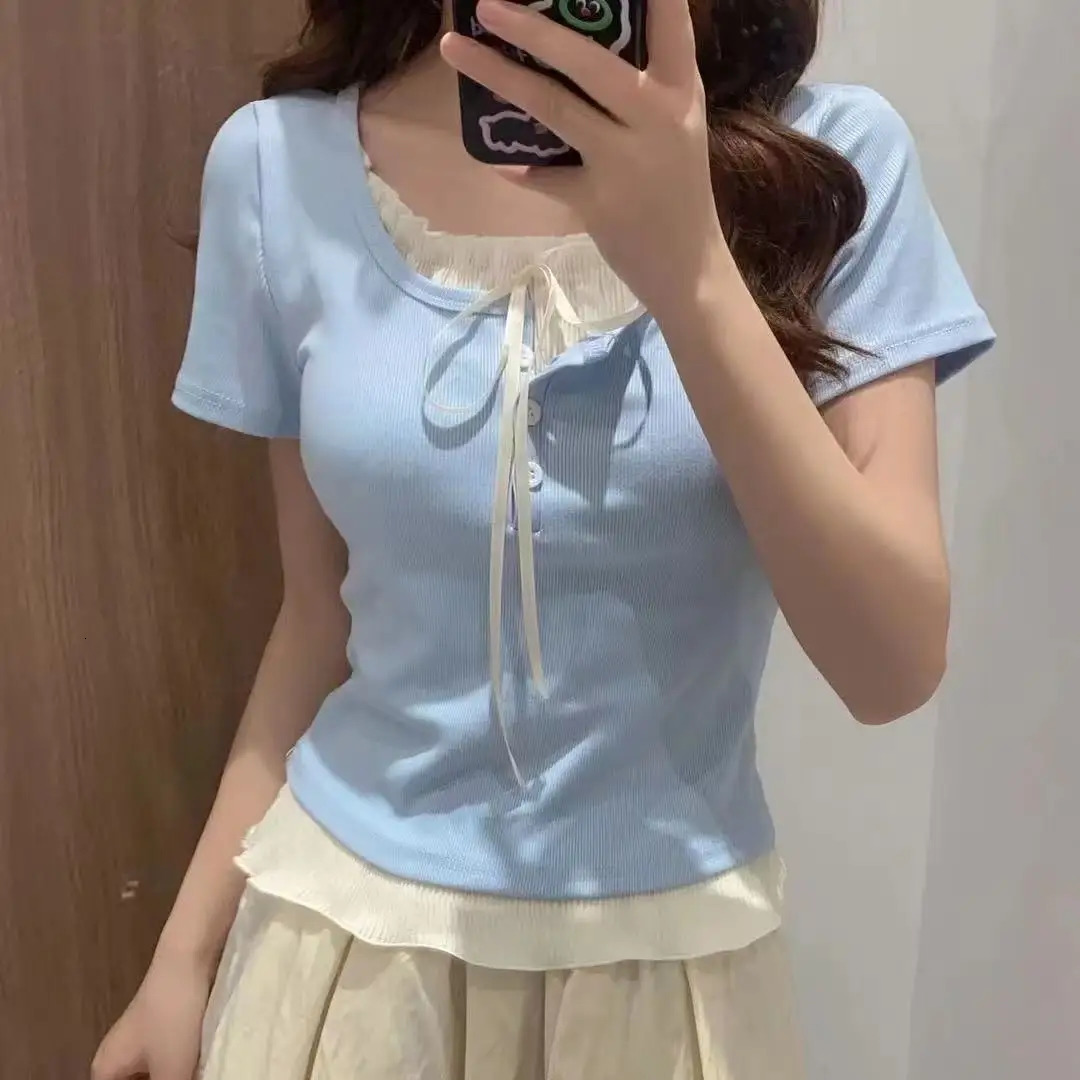 Lace Two Gray Women TShirts Summer Korean Fashion Slim ShortSleeved American Spice Girl Retro Sweet Short Tops 250226