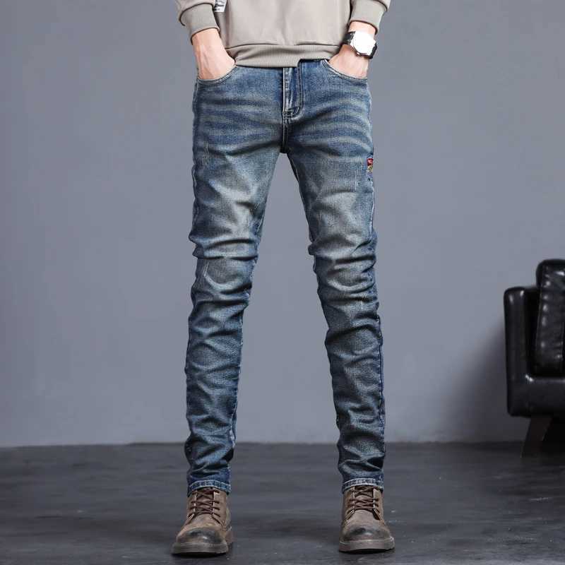 2023 Autumn New Winter Mens Jeans Retro Blue Solid Color Elastic Classic Jeans Mens Ultra Thin Fashion Jeans Trouser Mens 27-38 X250227