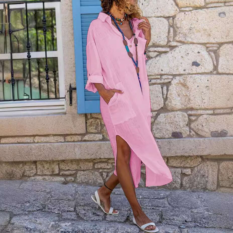 Popular Solid Color Button Split Loose Breathable Shirt Cotton Hemp Long ed Skirt for Women 2025 New Casual Versatile Fashion Clothing