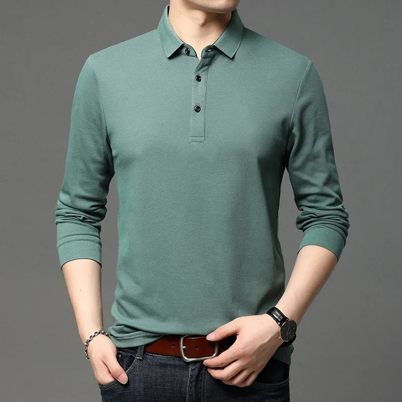 Mens Casual Long Sleeve Polo Shirt Fashion Solid Color Top 250226