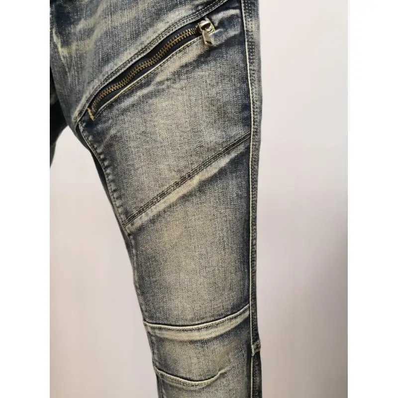 High Quality Fashion 2022 Worn Wash Splicing Zipper Decoration Multi Bag Elastic Motorcycle Biker Jeans Cargo Retro Pants Men X250227