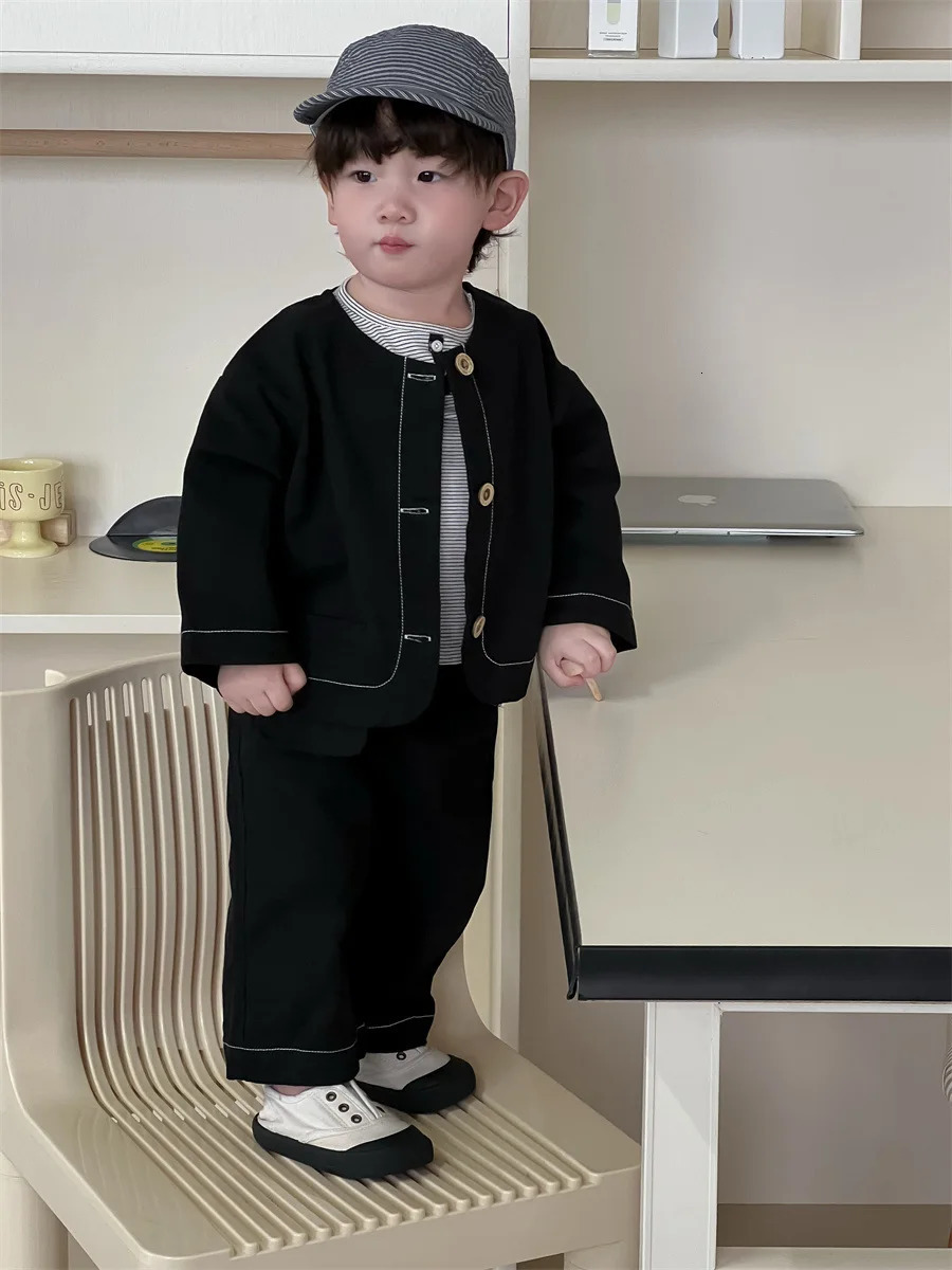 Spring Baby Long Sleeve Clothes Set Boys Loose Denim Coat Pants 2pcs Suit Infant Toddler Solid Casual Outfits 250227