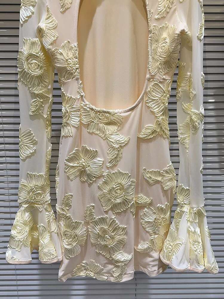 DEAT Fashion Women's Embroidery Wer Back Hollow Out Dress 2025 Spring Trendy O-Neck Flare Sleeves Dresses Female 11Xx8960