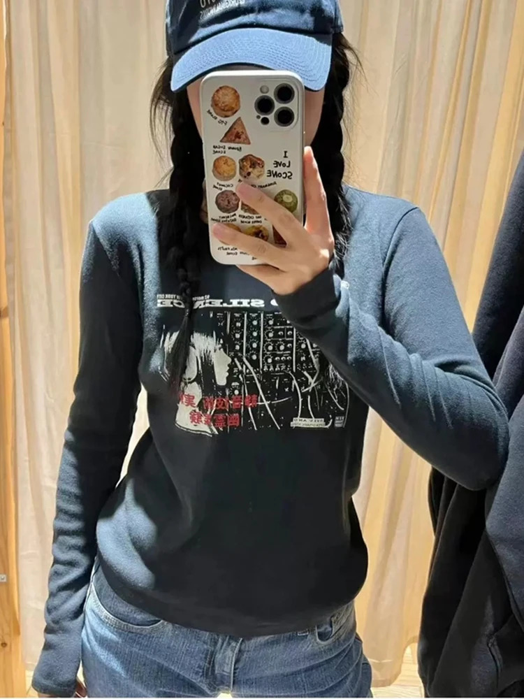 Casual Womens Black Long sleeved Tshirt Autumn Retro Oneck Printed Fashion Top 250226