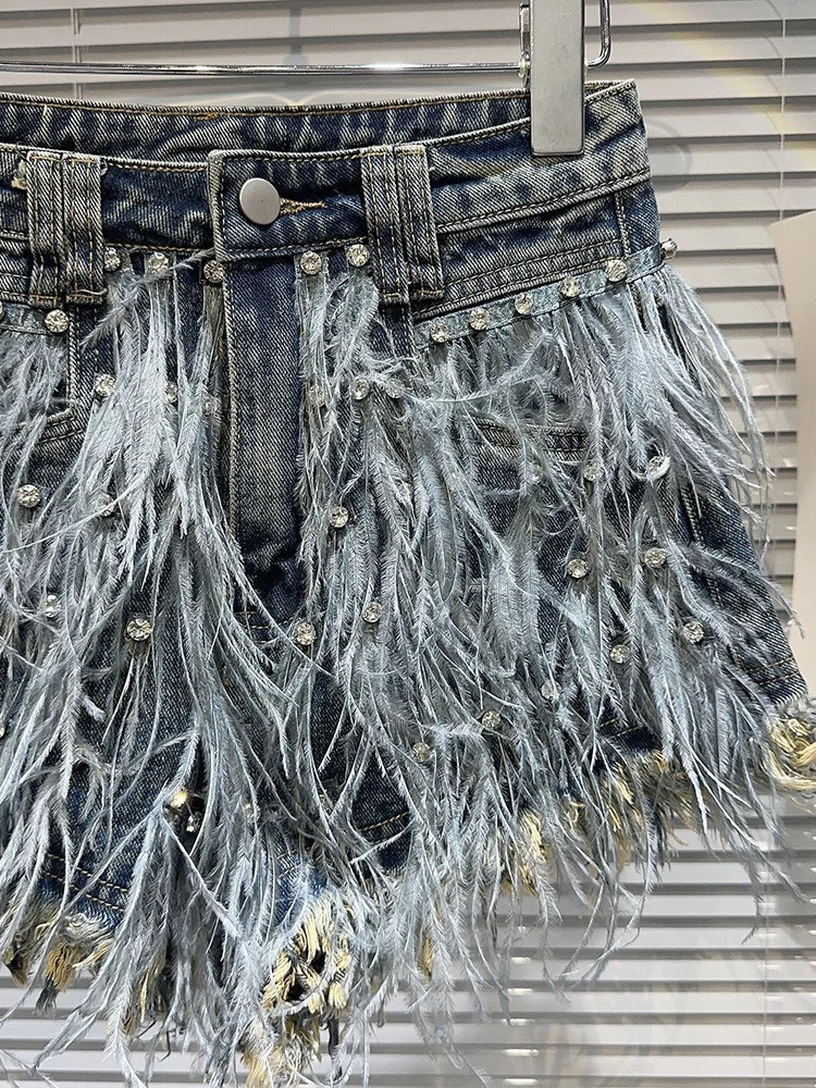 DEAT Womens Denim Shorts High Waist Diamonds Feathers Burrs Edge Wide Leg Super Short Jeans 2025 Spring Fashion 11XX5620 250226