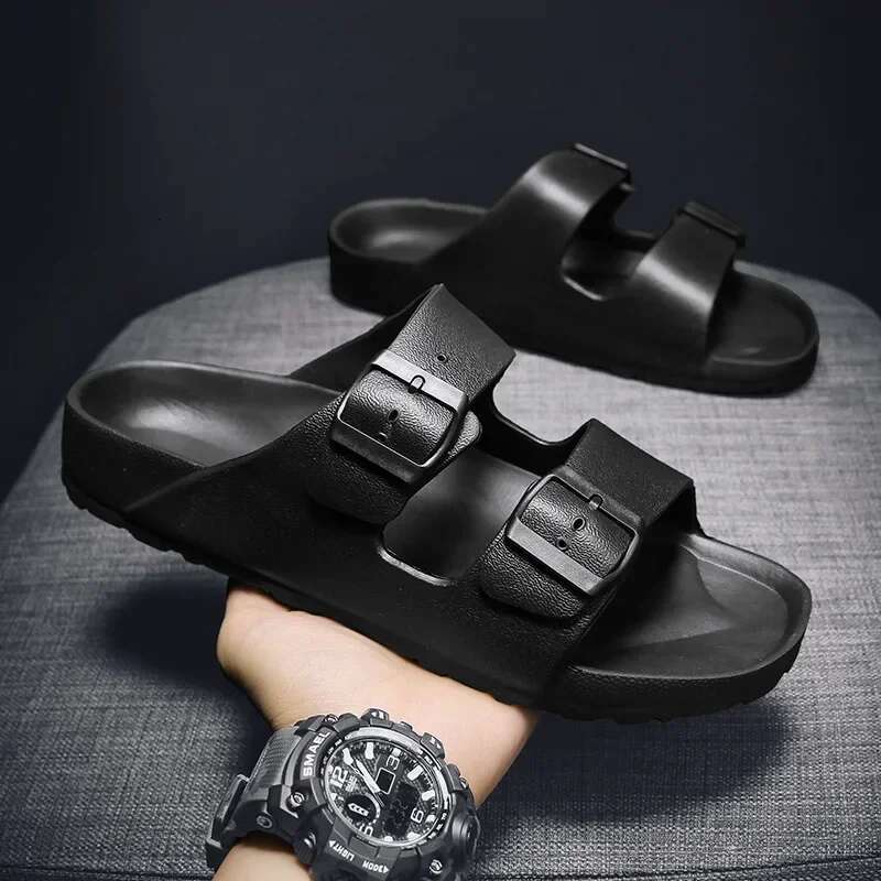 2025 Summer New Double Button Men's Designer Sandals Bathroom Flip Cover Outdoor Soft EVA Beach Slippers Indoor Slide Solid Color Couple Shoes