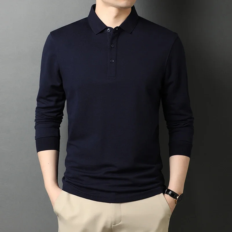 Mens Casual Long Sleeve Polo Shirt Fashion Solid Color Top 250226