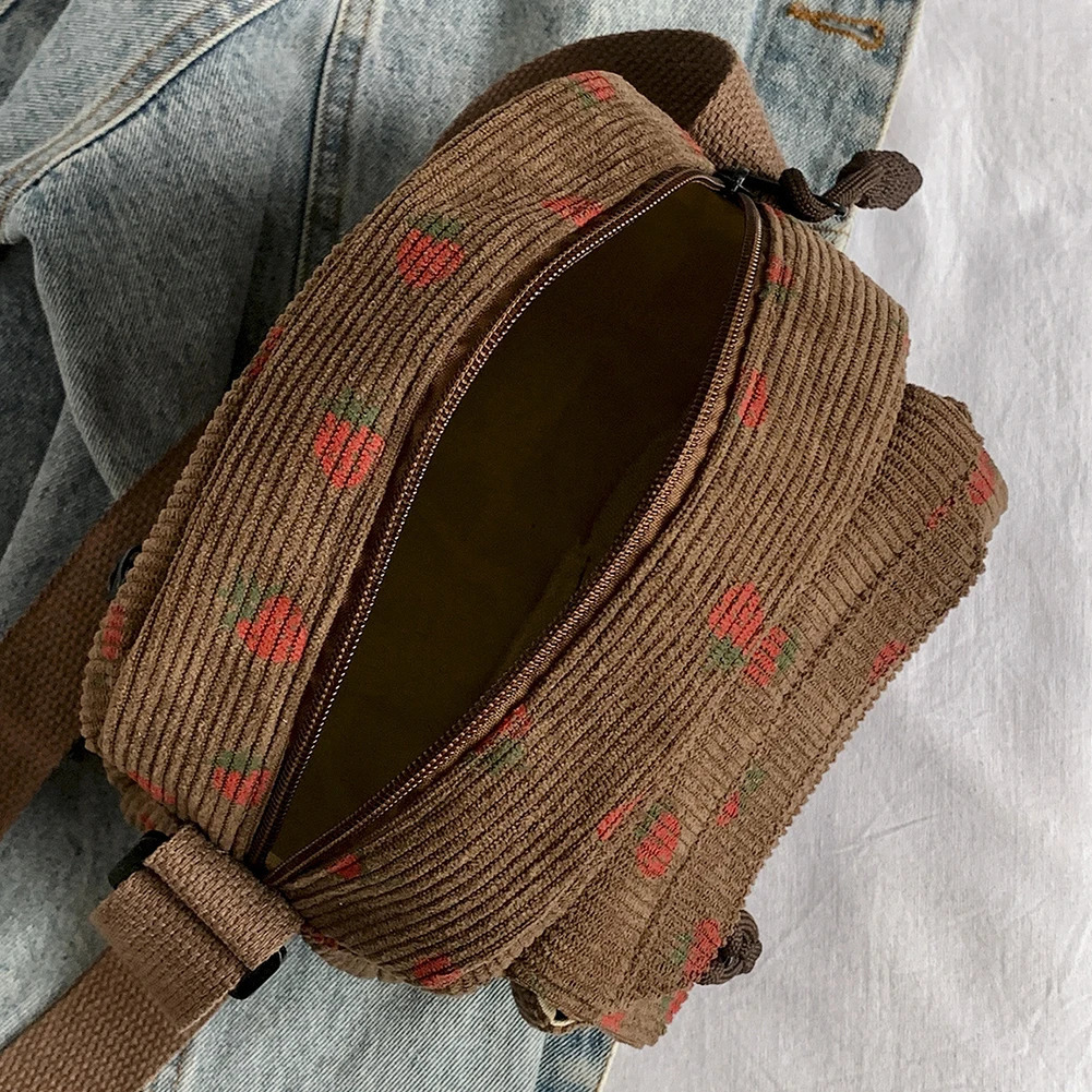 Ship from US Cute Strawberry Shoulder Bag Corduroy Trendy Crossbody Casual Zipper Messenger for Women Travel Work 250227FBB