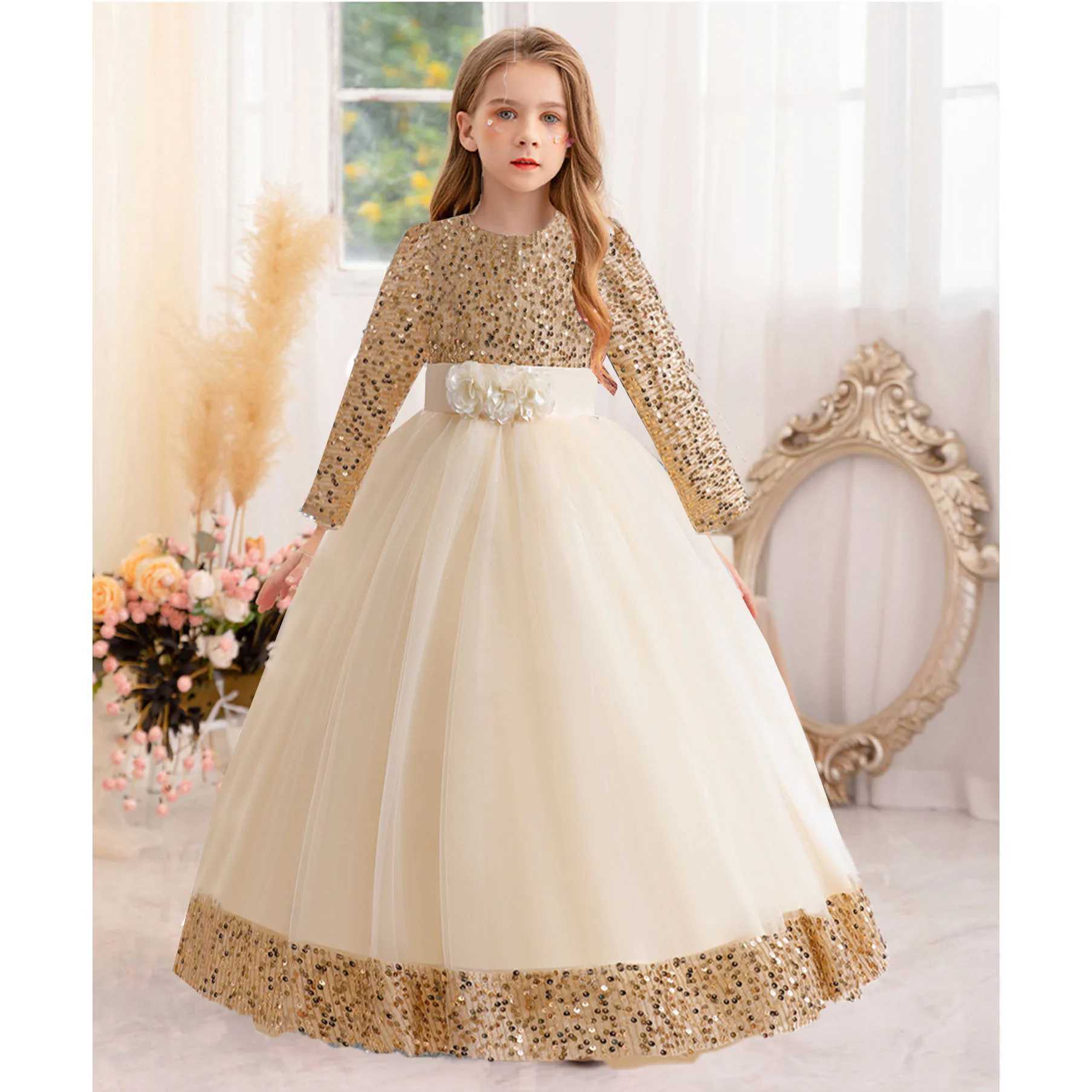 Girl's Dresses Little Big Girls Winter Long Sleeves Sequined Flower Girl Birthday Party Pageant Holiday Long Dress 23822 Y250227A048