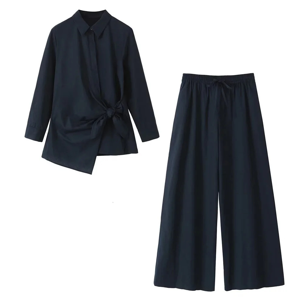 UNIZER Autumn Womens Fashion Double breasted Long Sleeve Poplin Shirt Mid Waist Wide Leg Pants 250226