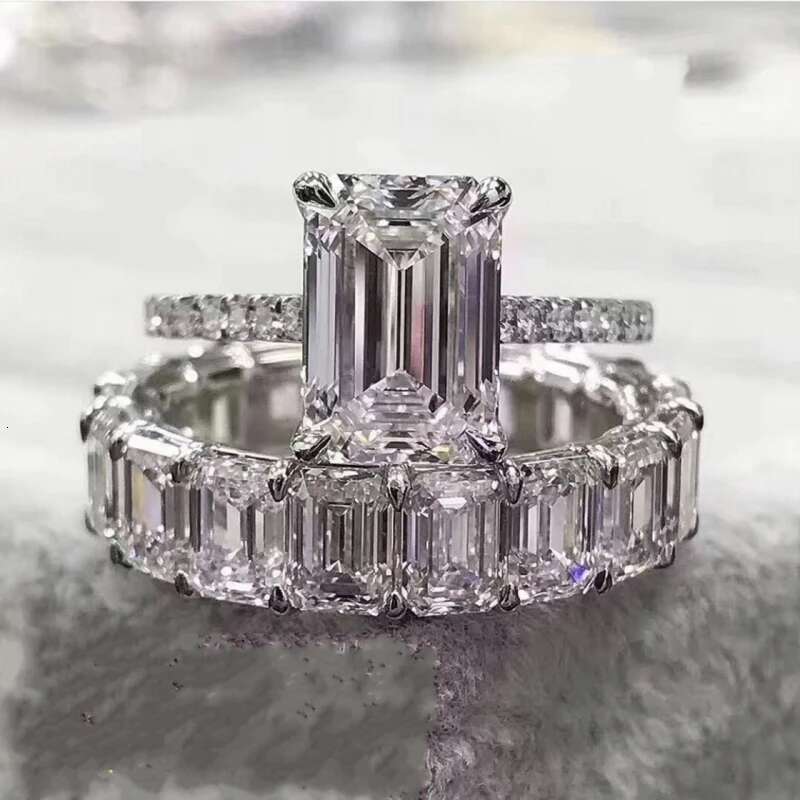 100% Sterg Sier Created Emerald cut 4ct Dia Wedding Engagement tail Women Rings Fine Jewelry wholesale