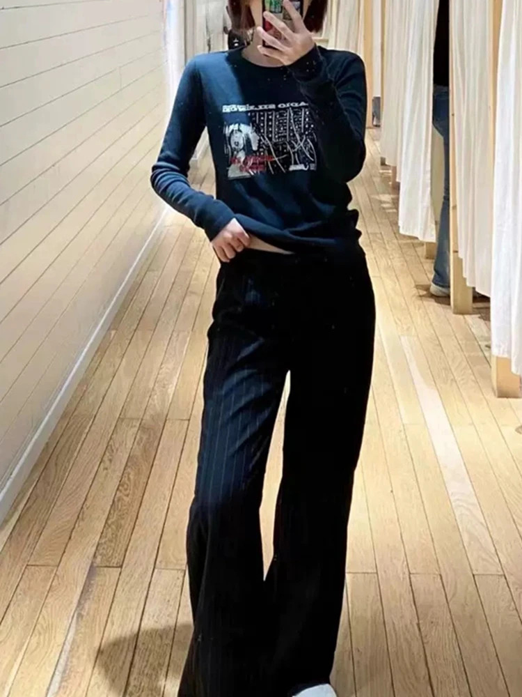 Casual Womens Black Long sleeved Tshirt Autumn Retro Oneck Printed Fashion Top 250226