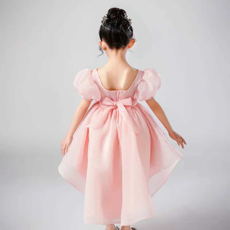 Girl's Dresses Summer Kids Dresses for Girls Mesh Lace Short Sleeve Girls Party Dress Fashion Solid Color Girl Evening Gown 3-12 Years Y250227NG8