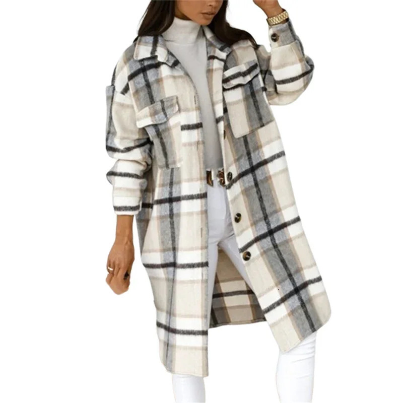 Women Check Tweed Long Shirt Autumn Winter Thickened Warm Single-breasted Cardigan Blouse Female Casual Double Pockets Outerwear 250226