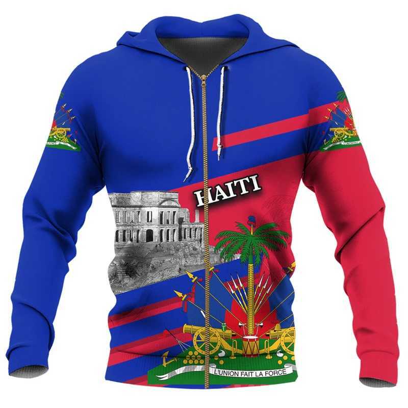 New Fashion Sports Haitian Flag Pattern Zip Up Hoodies Caribbean Sea Haiti Emblem 3D Print Long SLeeve Pullovers X250227