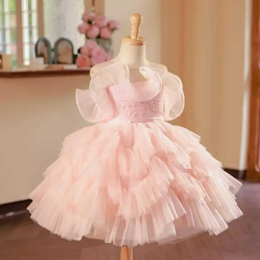 Girl's Dresses New Childrens Princess Evening Gown Mesh Pearls Sleeveless Design Kids Wedding Birthday Baptism Party Dresses For Girls A3648 Y250