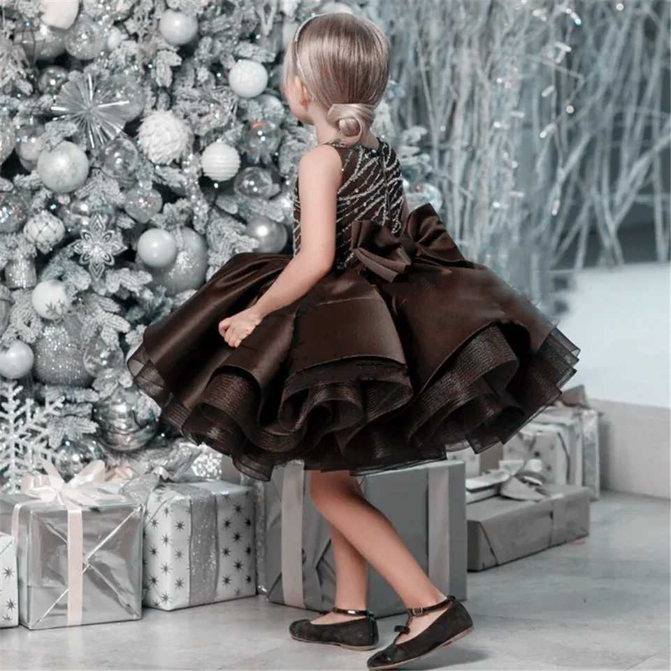 Girl's Dresses Brown Cute Flower Girl Dress Satin Tulle Fluffy Glitter Bow Sleeveless Wedding Birthday Gift Party Princess Dress Y25022755Q3