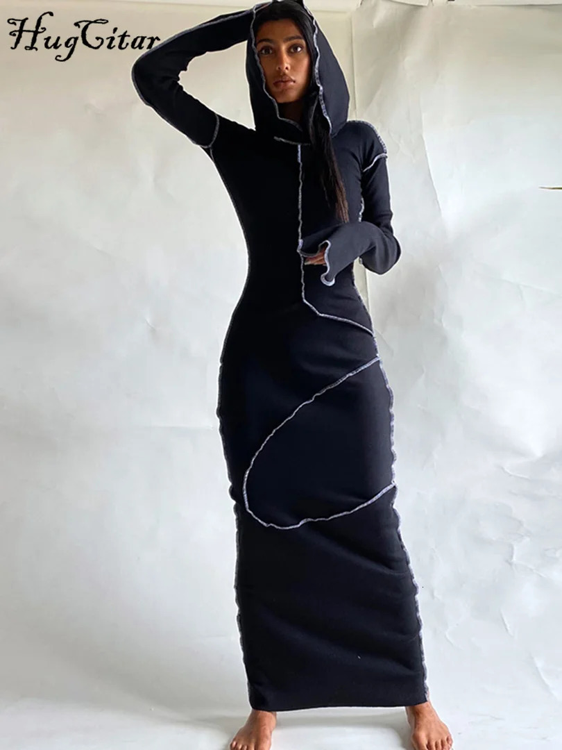 Hugcitar Long Sleeve Hooded Patchwork Skinny Maxi Dress Autumn Winter Women Fashion Streetwear Casual Outfits 250226