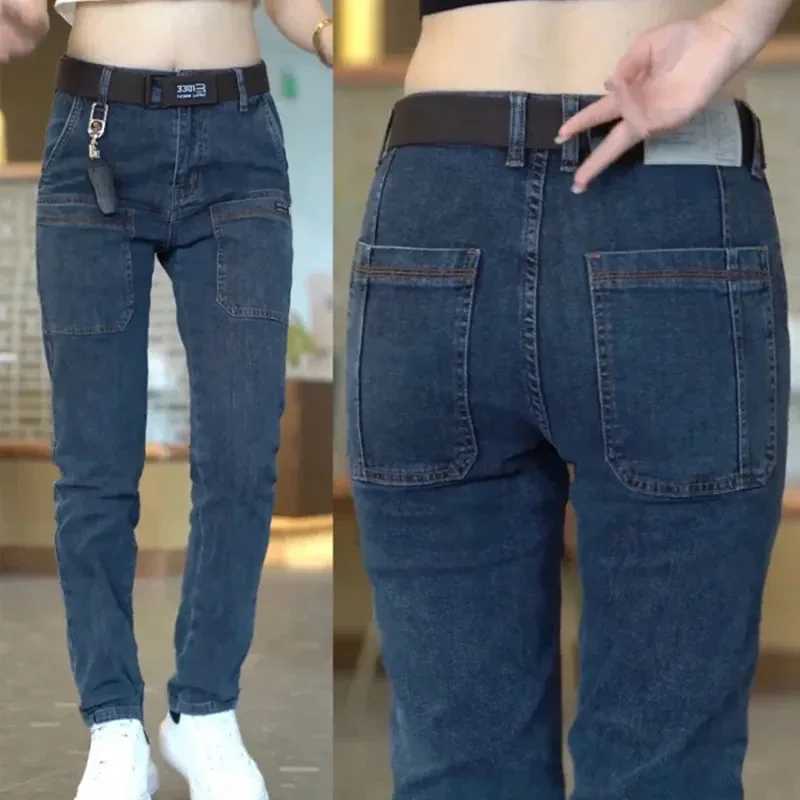 Mens cargo pants ultra-thin elastic jeans with multiple pockets fashionable streetwear designer slim mens denim Trouser brand clothing blue and black 