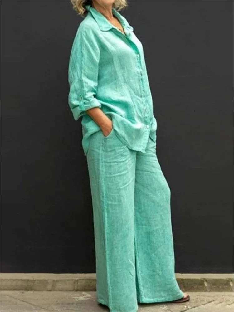 Solid Color Cotton Linen Shirt 2 Piece Set For Women Spring Autumn Long Sleeve Blouse Wide Leg Pants Suits Female Casual Outfits 250226