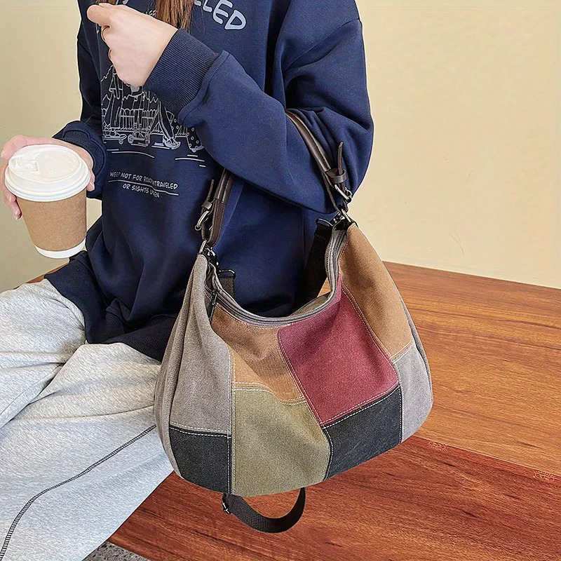 Ship from US Retro Patchwork Canvas Hobo Bag | Fashion Shoulder Tote Vintage Style Handbag With Adjustable Strap Chic Casual Daily Purse 250227FBB