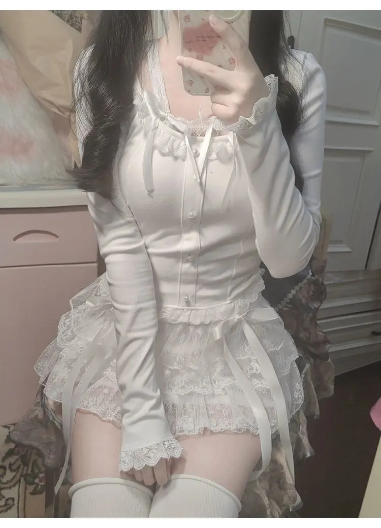 Y2k Lace Sweet Korea Summer Skirts Women Clothes White MIni Skirt High waist Loose Grunge Kawaii Cute A-line Fluffy Skirt 250226