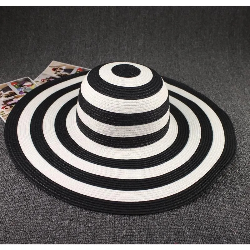 Straw Hat Female Summer Beach Large Edge Korean Version Straw Hat Foldable Black and White Striped Sun Hat Sun Visor Panama Cap 250218
