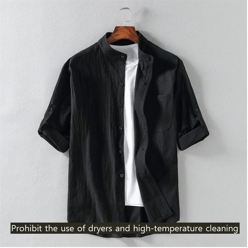 Spring and Summer Stand Collar Five-point Mid-sleeve Fashionable Mens Short-sleeved Shirt Seven-point Sleeve Large Size Mens 250224