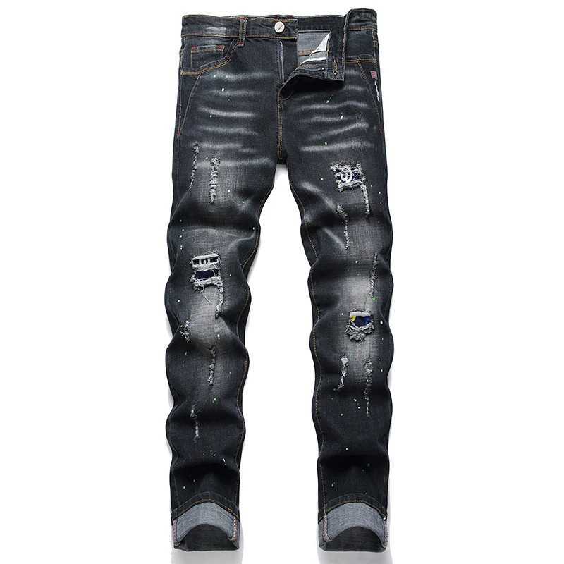 Elastic Brand Men Denim Jeans Hole Ruined High Street Fashion Patch Trendy Slim Fit Cool Daily New Arrival Hip Hop Pants X250227
