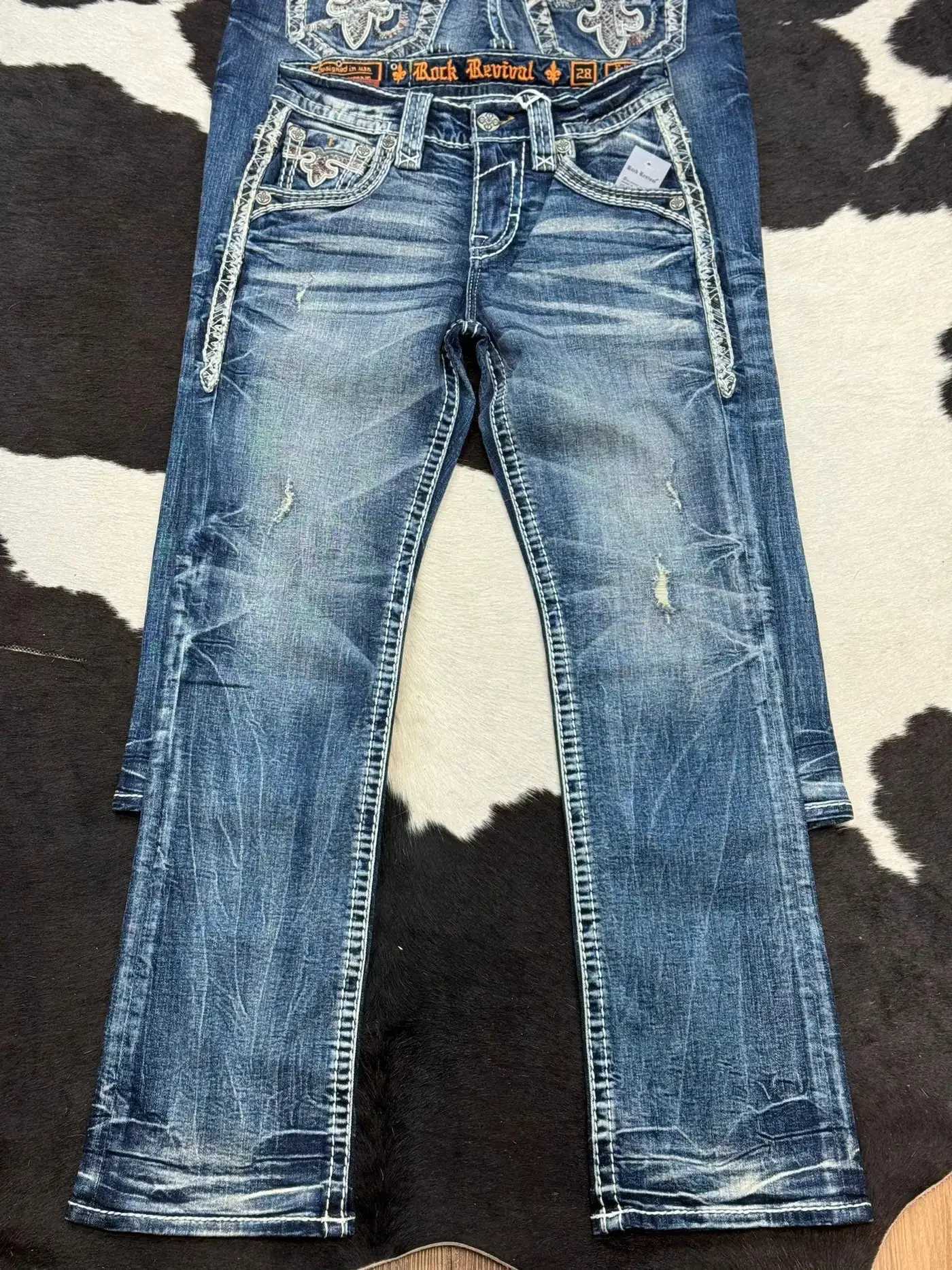 Harajuku wide pants revival mens jeans Foliage Bootcut womens Y2K new Gothic blue denim embroidered pocket hip-hop streetwear X250227