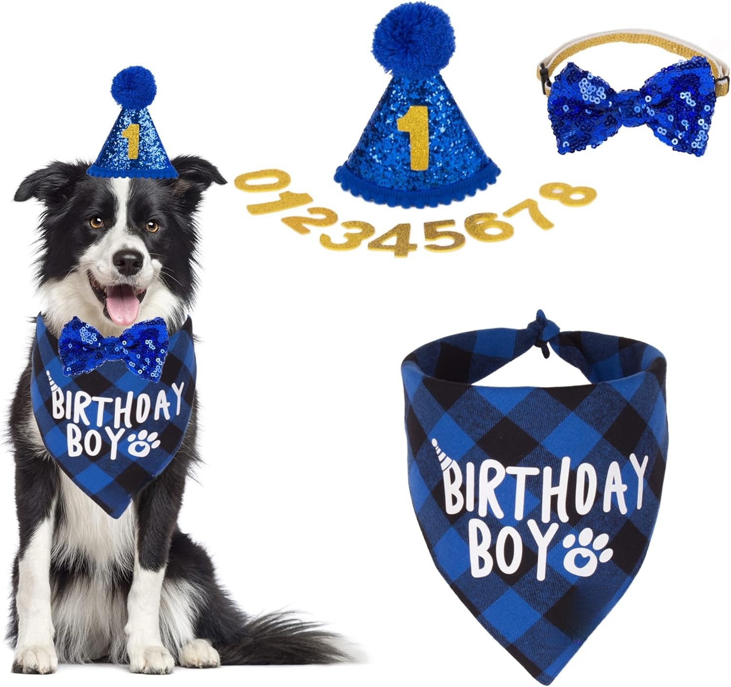 Dog Birthday Party Supplies, Multi Size Offered, Birthday Boy Dog Bandana, Dog Birthday Hat with Numbers for Medium Large Dogs Pets