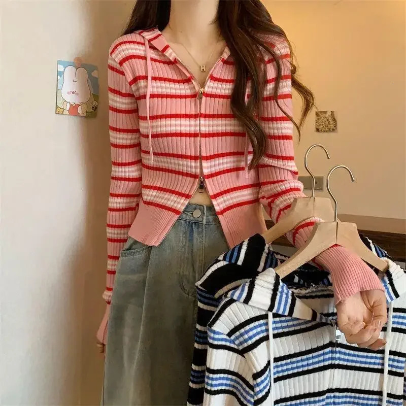Petite Knitted Cardigan Womens Hooded Long Sleeve Cropped Striped Jacket Autumn 2024 Collection Double Zip Outerwear Sweater 250225