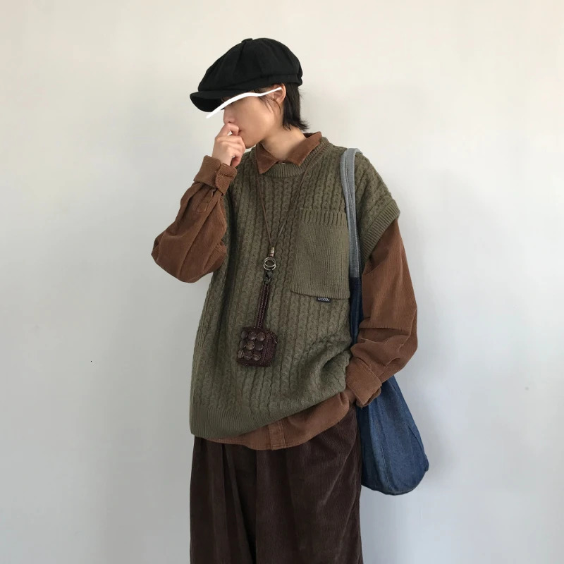 Mens simple casual autumn and winter round neck sleeveless jacquard solid color Japanese style mens retro warm pine 250225