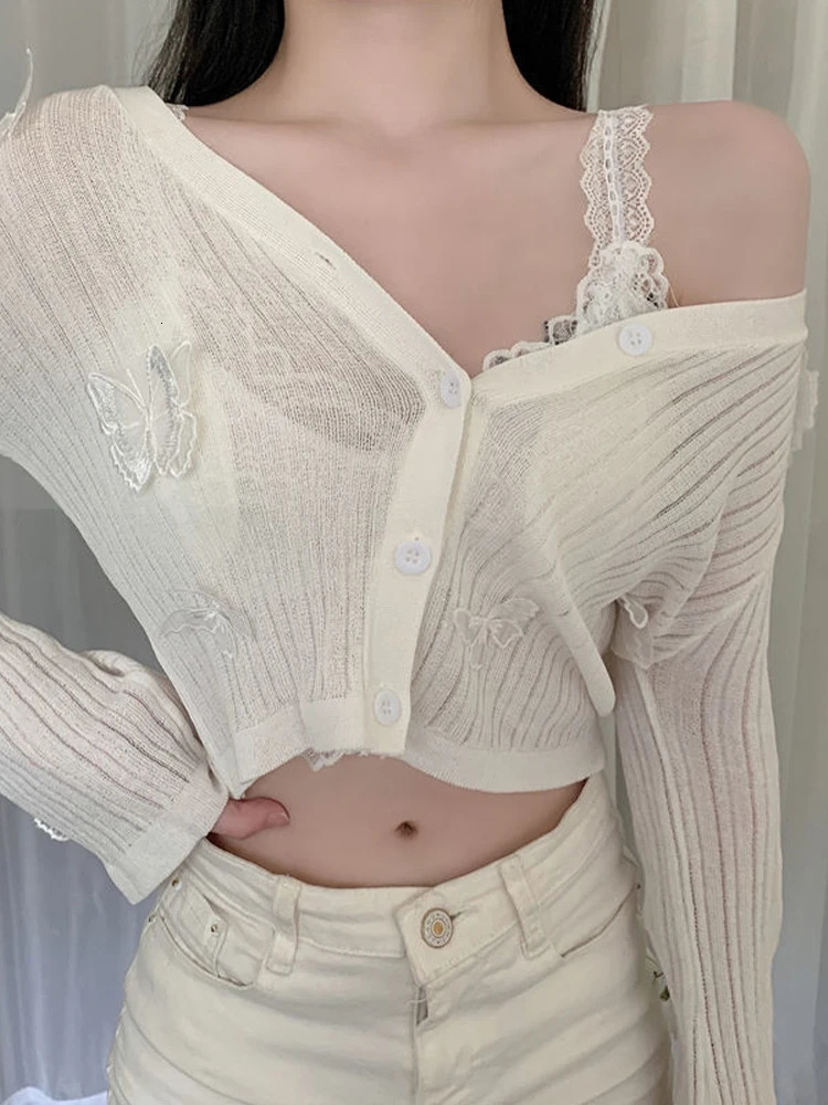 Pink butterfly cardigan wool sweater womens summer long sleeved knitted Korean fashion cute ultrathin button Sunscreen crop top 250225