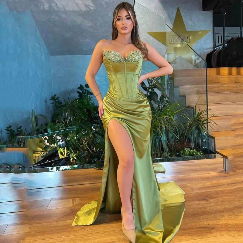 Satin Appliques Evening Dresses Fish Bone Pleat Sexy High Split Formal Party Prom Gowns Strapless Robe De Soiree Custom Made