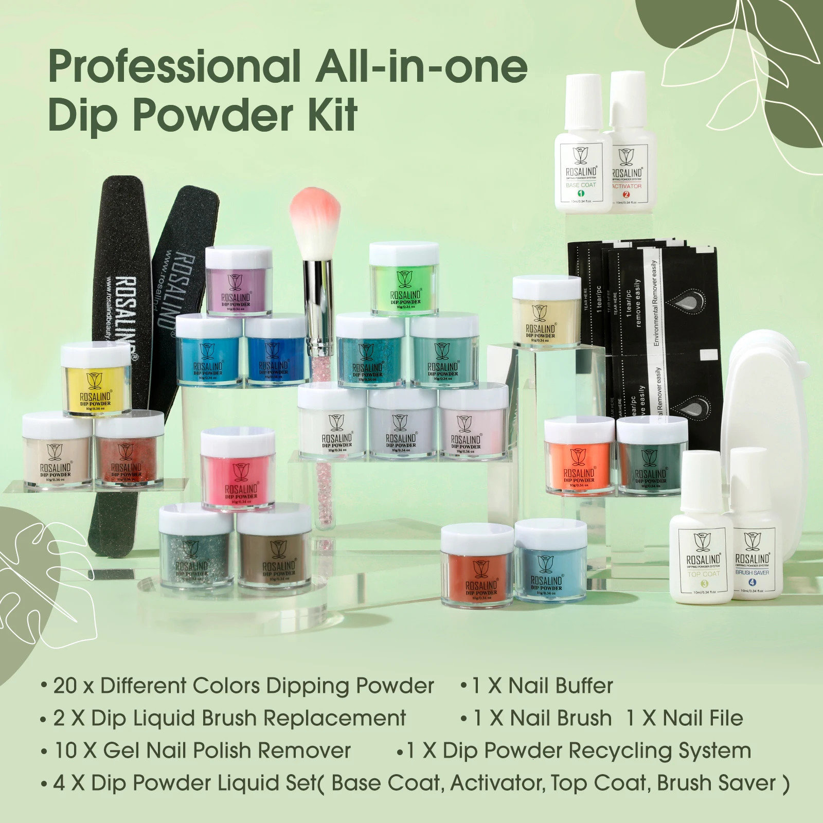 ROSALIND 29PCS Dip Nails Powder Starter Kit 20 Colors Dip Powder Nail Kit Red Green Orange Glitter Series Nail Dip Powder Color 250227