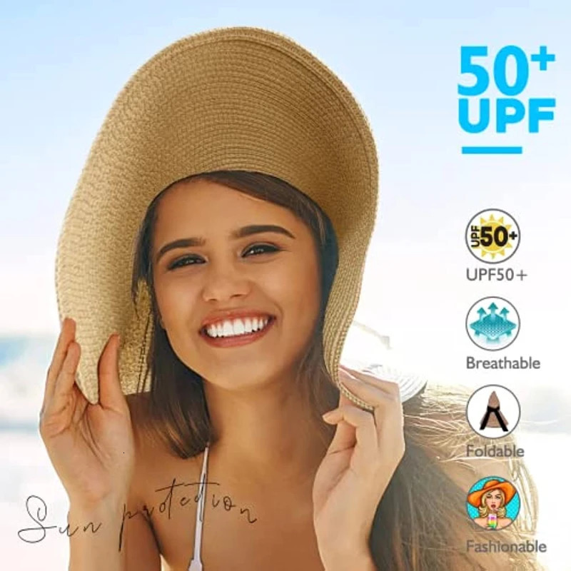 Summer Solid Color Fashion Rhinestone14cm Oversized Sun Hat Ladies Beach Sunscreen Straw Hat Travel Foldable Uv Panama Wholesale 250218